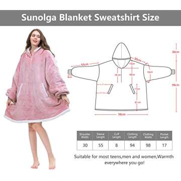 Sunolga Wearable Blanket Oversized Microfiber & Sherpa Wearable Blanket Hoodie, Sweatshirt with Hood Pocket and Sleeves, Super Soft Warm Plush Hooded Blanket for Adult Women Men,Pink