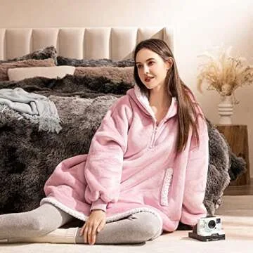 Sunolga Wearable Blanket Oversized Microfiber & Sherpa Wearable Blanket Hoodie, Sweatshirt with Hood Pocket and Sleeves, Super Soft Warm Plush Hooded Blanket for Adult Women Men,Pink