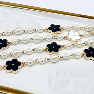 Classy Long Double Pearl Necklace with Floral Charms