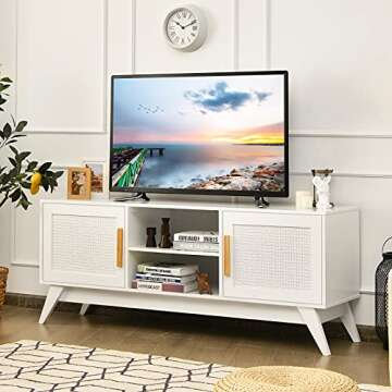 Tangkula Rattan TV Stand for TVs Up to 65", Entertainment Center, 3-Tier Adjustable Shelf, 2 Enclose...