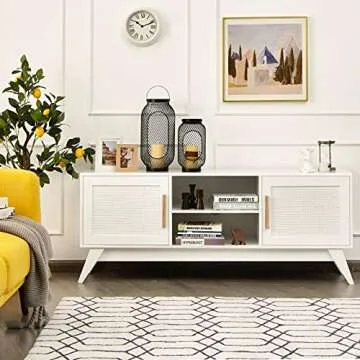 Tangkula Rattan TV Stand for TVs Up to 65", Entertainment Center, 3-Tier Adjustable Shelf, 2 Enclosed Weaved Cabinets, Cable Holes, Modern Media TV Console Table for Living Room