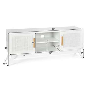 Tangkula Rattan TV Stand for TVs Up to 65", Entertainment Center, 3-Tier Adjustable Shelf, 2 Enclosed Weaved Cabinets, Cable Holes, Modern Media TV Console Table for Living Room