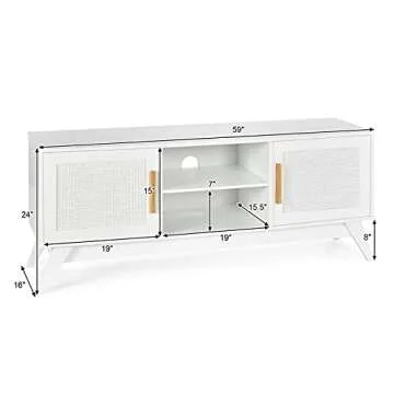 Tangkula Rattan TV Stand for TVs Up to 65", Entertainment Center, 3-Tier Adjustable Shelf, 2 Enclosed Weaved Cabinets, Cable Holes, Modern Media TV Console Table for Living Room