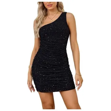 Women’s Sequin One Shoulder Bodycon Pencil Dress Skinny High Waist Silver Glitter Specks Party Clu...