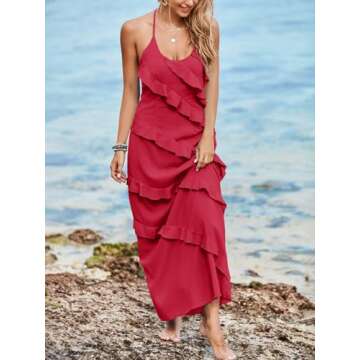 Wenrine Womens Sexy Chiffon Halter Maxi Dress Sleeveless Backless Ruffle Tassel Party Club Dresses R...