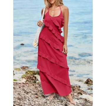 Wenrine Womens Sexy Chiffon Halter Maxi Dress Sleeveless Backless Ruffle Tassel Party Club Dresses Red