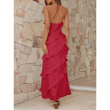 Wenrine Womens Sexy Chiffon Halter Maxi Dress Sleeveless Backless Ruffle Tassel Party Club Dresses Red