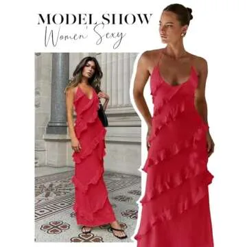 Wenrine Womens Sexy Chiffon Halter Maxi Dress Sleeveless Backless Ruffle Tassel Party Club Dresses Red