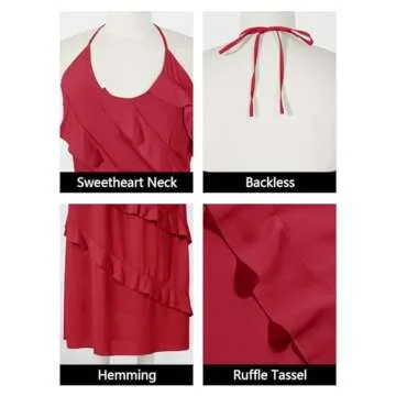Wenrine Womens Sexy Chiffon Halter Maxi Dress Sleeveless Backless Ruffle Tassel Party Club Dresses Red