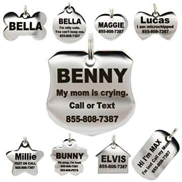 Stainless Steel Pet ID Tags - Engraved Personalized Dog Tags, Cat Tags Front & Back up to 8 Lines of Text – Bone, Round, Heart, Flower, Badge, House, Star, Rectangle, Bow Tie