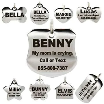 Stainless Steel Pet ID Tags - Engraved Personalized Dog Tags, Cat Tags Front & Back up to 8 Lines of Text – Bone, Round, Heart, Flower, Badge, House, Star, Rectangle, Bow Tie
