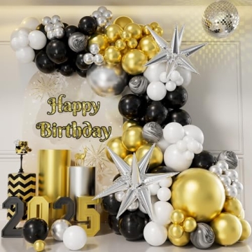 154PCS Black and Gold Balloons Garland Arch Kit with Silver Explosion Star Agate Balloon for Graduat...
