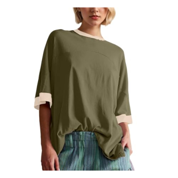 TERIVEEK Women Oversized Color Block Short Sleeve T-Shirt - Casual Y2K Tee Top