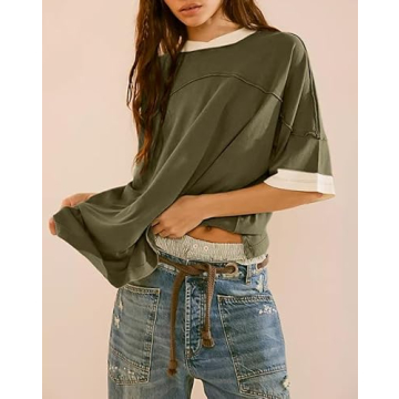 TERIVEEK Women Oversized Color Block T-Shirt for Summer