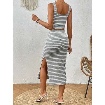 WDIRARA Women's Two Piece Striped Print Scoop Neck Crop Tank Tops and High Waist Side Split Midi Ski...