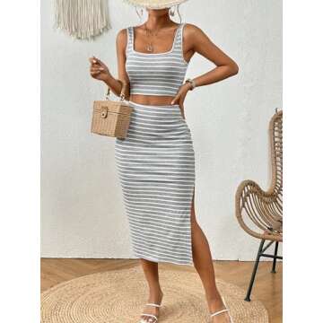 WDIRARA Women's Two Piece Striped Print Scoop Neck Crop Tank Tops and High Waist Side Split Midi Skirts Clothing Set Light Grey Small