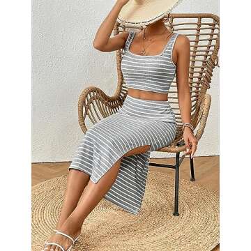 WDIRARA Women's Two Piece Striped Print Scoop Neck Crop Tank Tops and High Waist Side Split Midi Skirts Clothing Set Light Grey Small