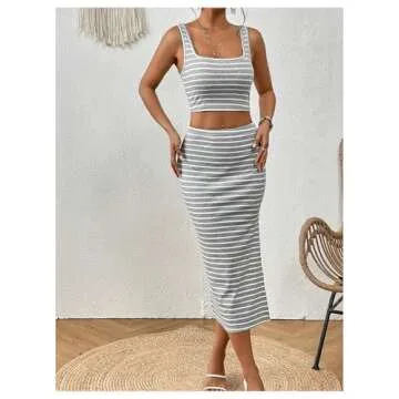 WDIRARA Women's Two Piece Striped Print Scoop Neck Crop Tank Tops and High Waist Side Split Midi Skirts Clothing Set Light Grey Small