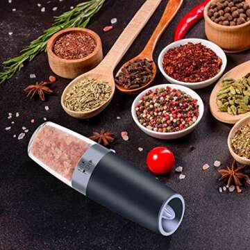 Gravity Salt and Pepper Grinder Set with Adjustable Coarseness Automatic Pepper and Salt Mill Set Battery Powered with Blue LED Light,One Hand Operated,Brushed Stainless Steel by CHEW FUN
