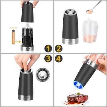 Gravity Salt and Pepper Grinder Set with Adjustable Coarseness Automatic Pepper and Salt Mill Set Battery Powered with Blue LED Light,One Hand Operated,Brushed Stainless Steel by CHEW FUN