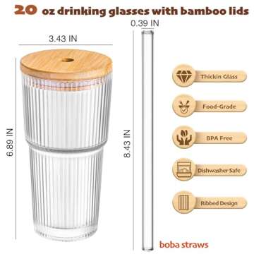 Dingerjar 20 oz Ribbed Glass Tumblers with Bamboo Lids and Glass Straws, 2 Pcs Wide Mouth Thickened ...