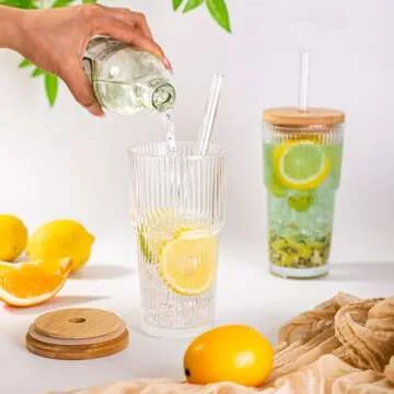 Dingerjar 20 oz Ribbed Glass Tumblers with Lids & Straws