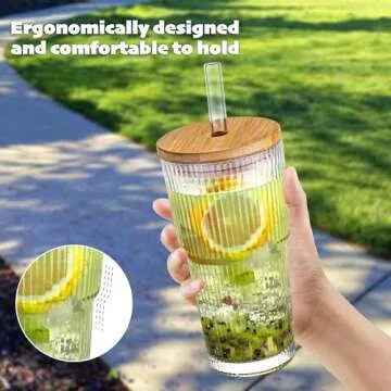 Dingerjar 20 oz Ribbed Glass Tumblers with Lids & Straws