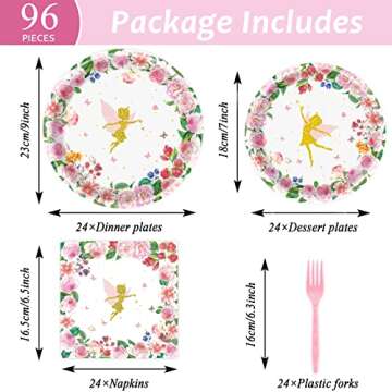 Tevxj 96PCS Fairy Tableware Set Girls Pink Floral Fairies Dessert Disposable Paper Plates Fairy Part...