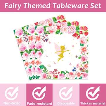 Tevxj 96PCS Fairy Tableware Set Girls Pink Floral Fairies Dessert Disposable Paper Plates Fairy Party Plates Napkins Forks for Talking Spring Tea Baby Showers Party Decorations Supplies 24 Guests