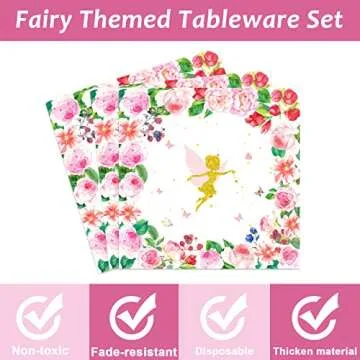 Tevxj 96PCS Fairy Tableware Set Girls Pink Floral Fairies Dessert Disposable Paper Plates Fairy Party Plates Napkins Forks for Talking Spring Tea Baby Showers Party Decorations Supplies 24 Guests