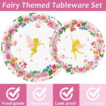 Tevxj 96PCS Fairy Tableware Set Girls Pink Floral Fairies Dessert Disposable Paper Plates Fairy Party Plates Napkins Forks for Talking Spring Tea Baby Showers Party Decorations Supplies 24 Guests