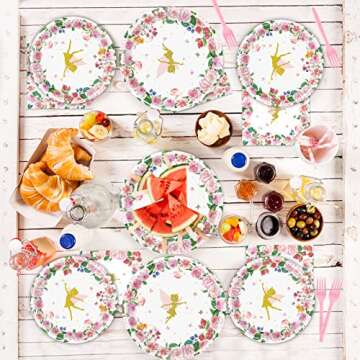 Tevxj 96PCS Fairy Tableware Set Girls Pink Floral Fairies Dessert Disposable Paper Plates Fairy Party Plates Napkins Forks for Talking Spring Tea Baby Showers Party Decorations Supplies 24 Guests
