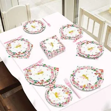 Tevxj 96PCS Fairy Tableware Set Girls Pink Floral Fairies Dessert Disposable Paper Plates Fairy Party Plates Napkins Forks for Talking Spring Tea Baby Showers Party Decorations Supplies 24 Guests
