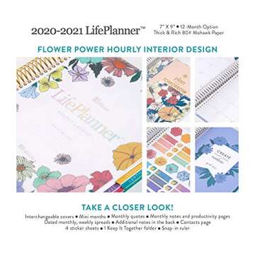 Erin Condren 12 - Month 2021 Coiled Life Planner (January - December 2021) - with Bling On Cover, Hourly Layout, Flower Power Interior Design, Daily Agenda