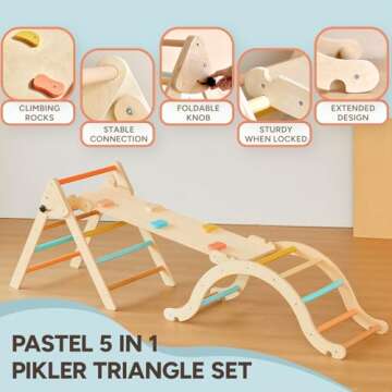Giant bean Pastel 7 in 1 Pikler Triangle Set with Sliding Ramp & Climbing Arch Ramp, Foldable Wooden...