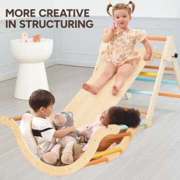 Giant bean Pastel 7 in 1 Pikler Triangle Set with Sliding Ramp & Climbing Arch Ramp, Foldable Wooden Toddler Climbing Toys Indoor, Playground Jungle Gym for Kids Age 1-3, Montessori Climbing Set