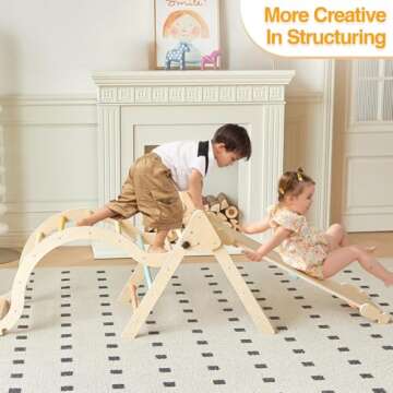 Giant bean Pastel 7 in 1 Pikler Triangle Set with Sliding Ramp & Climbing Arch Ramp, Foldable Wooden Toddler Climbing Toys Indoor, Playground Jungle Gym for Kids Age 1-3, Montessori Climbing Set