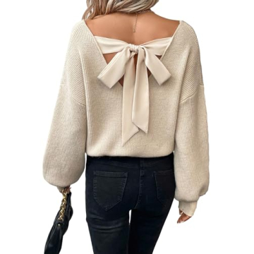 GORGLITTER Women's Bow Cable Knit Sweater - Cozy and Chic V Neck