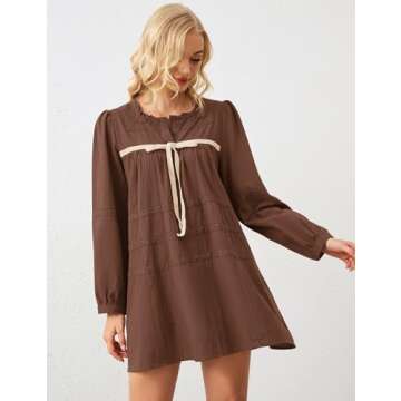 Burtell Women Flowy Long Puff Sleeve Mini Dress Casual Square Neck Lace Embroidered Babydoll Dress Bow Tie A-line Tunic Dress Brown