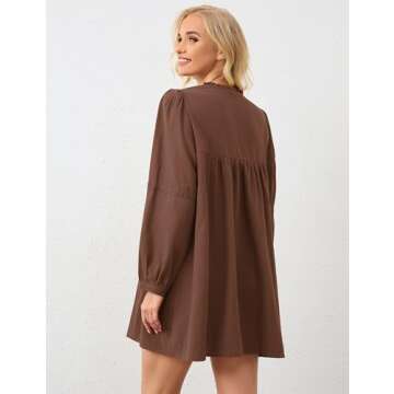 Burtell Women Flowy Long Puff Sleeve Mini Dress Casual Square Neck Lace Embroidered Babydoll Dress Bow Tie A-line Tunic Dress Brown