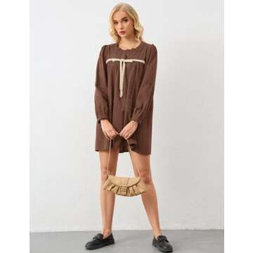 Burtell Women Flowy Long Puff Sleeve Mini Dress Casual Square Neck Lace Embroidered Babydoll Dress Bow Tie A-line Tunic Dress Brown