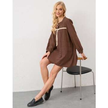 Burtell Women Flowy Long Puff Sleeve Mini Dress Casual Square Neck Lace Embroidered Babydoll Dress Bow Tie A-line Tunic Dress Brown