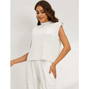 Himosyber Women's Solid Sleeveless Vest Mock Neck Cap Sleeve Knitwear Sweater Tops (5M-White-XS)