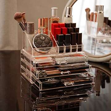 Cq acrylic 2 Pack Clear Skincare Organizer for Vanity,Stackable 3 Drawers Make Up Organizer,Cute Cosmetic Organizer for Vanity Jewelry,Hair Clip,Beauty,Skincare Product Dresser Acrylic Desk Organizer
