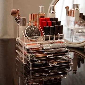 Cq acrylic 2 Pack Clear Skincare Organizer for Vanity,Stackable 3 Drawers Make Up Organizer,Cute Cosmetic Organizer for Vanity Jewelry,Hair Clip,Beauty,Skincare Product Dresser Acrylic Desk Organizer