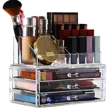 Cq acrylic 2 Pack Clear Skincare Organizer for Vanity,Stackable 3 Drawers Make Up Organizer,Cute Cosmetic Organizer for Vanity Jewelry,Hair Clip,Beauty,Skincare Product Dresser Acrylic Desk Organizer