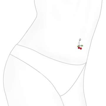 Red Crystal Double Cherry Branch Bar Navel Belly Ring for Women 316L Stainless Steel 14 Gauge