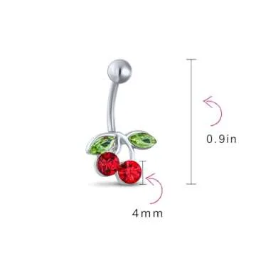 Red Crystal Double Cherry Branch Bar Navel Belly Ring for Women 316L Stainless Steel 14 Gauge
