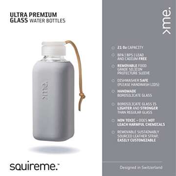 SQUIREME. Y1 Borosilicate Glass Water Bottles, Clear Bottle, Reusable, BPA Free, Tumbler, Dishwasher Safe, Drink Container, Silicone Sleeve, Easy-Off Lid, Hot and Cold Liquid, Concrete Grey 20oz