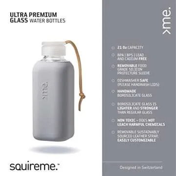 SQUIREME. Y1 Borosilicate Glass Water Bottles, Clear Bottle, Reusable, BPA Free, Tumbler, Dishwasher Safe, Drink Container, Silicone Sleeve, Easy-Off Lid, Hot and Cold Liquid, Concrete Grey 20oz